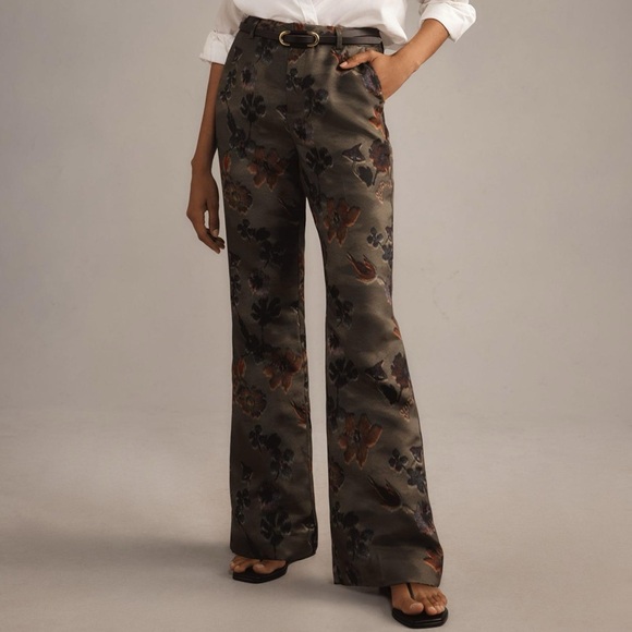NWOT Scotch & Soda Poetry Kick-Flare Pants in Green Motif Size 25 Jacquard Print - Picture 1 of 9
